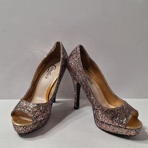 Candies Bohemian Retro Glitter Rainbow Peep Toe Platform Stiletto Heels Size 6.5